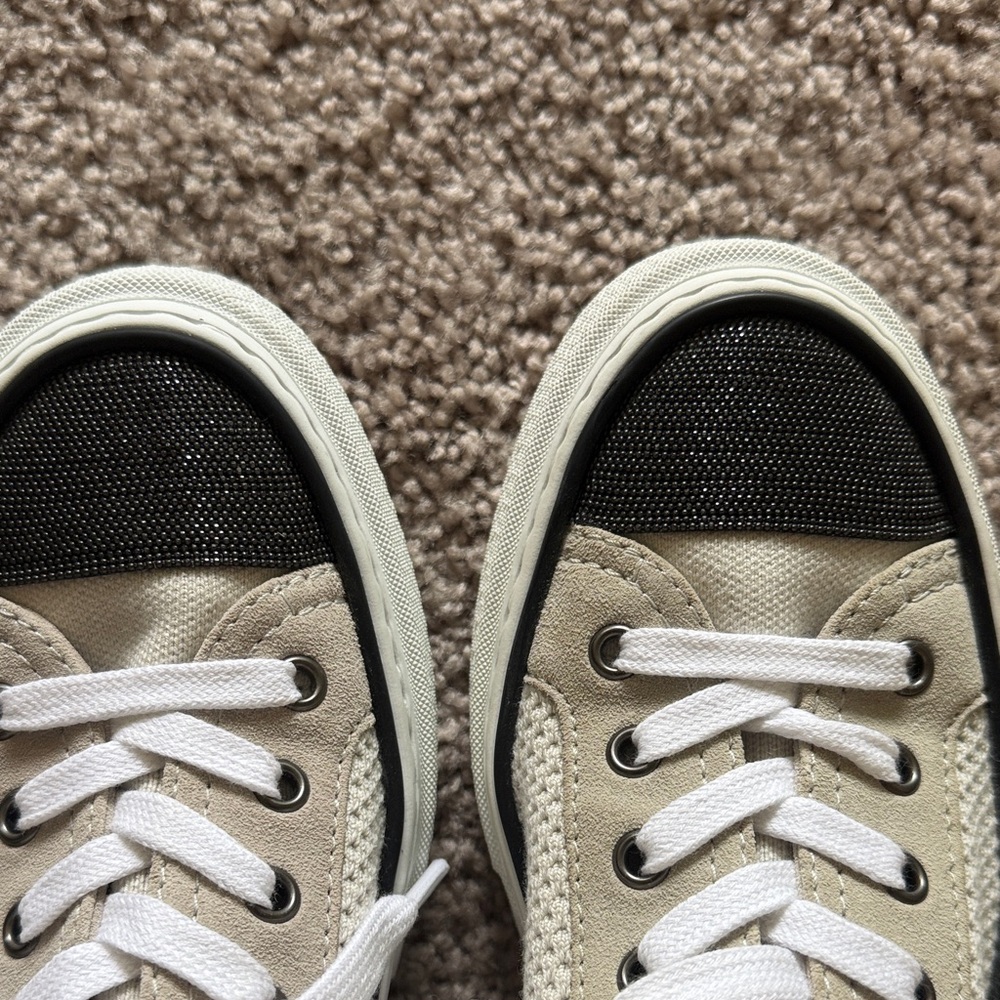 Brunello Cucinelli Cream Sneakers with Black Toe Caps - Picture 2 of 7